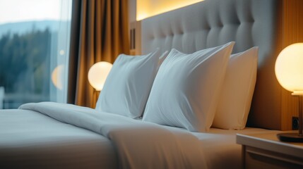 Soft white pillows adorning plush king size bed, illuminated by warm bedside lamps with serene forest landscape visible through expansive window