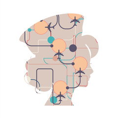 Portrait of flight attendant. Face side view icon. Elegant silhouettes of a female head. Avatar profile sign textured by abstract airplanes traffic map. Connected lines with dots.