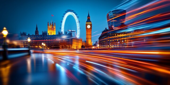London cityscape glowing at dusk, westminster palace, big ben, london eye, and 30 st mary axe illuminated, car lights creating vibrant streaks across dramatic evening skyline