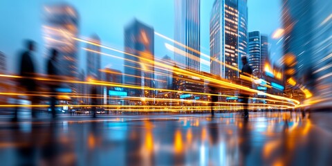 Blurred business professionals crossing rainy city street, vibrant light trails illuminating nighttime urban landscape with skyscrapers towering overhead