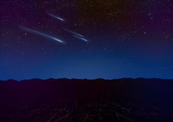 Fototapeta premium Realistic Shooting Star Over Mountain Night Sky Illustration（流れ星と夜空と山のリアルイラスト）