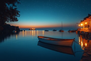 Fototapeta premium Serene Sunset over the Calm Bay with a Rowboat