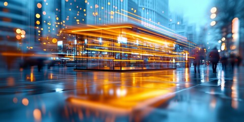 City nightscape featuring luminous bus stop, architectural silhouettes emerging through vibrant traffic light streams, highlighting urban technological innovation and sleek design