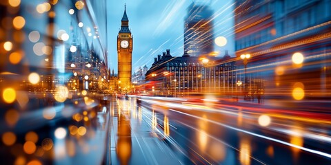 Light trails and reflections creating a vibrant urban scene at twilight, highlighting the iconic big ben and capturing the bustling streets of london in a colorful display