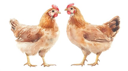 Two Brown Hens Facing Each Other Watercolor Painting