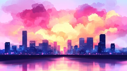 Obraz premium Dreamy city skyline at sunset. Pink and orange clouds reflect on calm water.