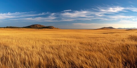 A vast golden field under a bright blue sky, with gentle hills in the distance, capturing the beauty of nature and open landscapes.