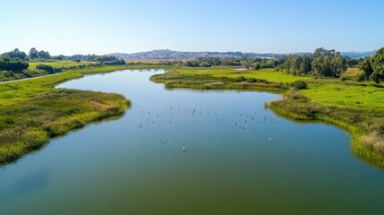 Obraz premium Wetlands aerial photo showcasing vibrant greens and reflective waters with migrating birds