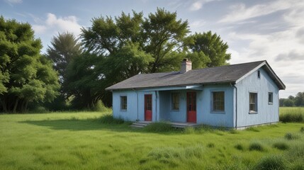 Serene light blue cottage nestled amidst a verdant meadow, surrounded by lush green trees under a partly cloudy sky