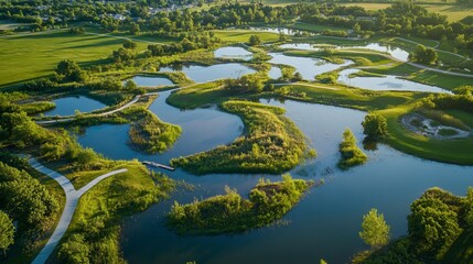 Wetlands aerial photo with winding water channels, vibrant greens, and diverse wildlife habitats