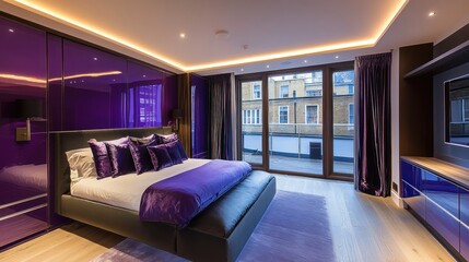 Luxury Purple Bedroom with City View