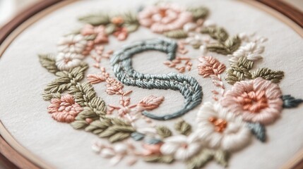 Obraz premium Embroidered Monogram Hoop with Floral Accents, intricately designed textile art piece showcasing personalized elegance and craftsmanship