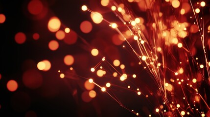 Abstract red glowing particles, dark background, network connection, technology concept