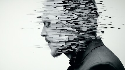 A monochrome portrait of a man, his face dissolving into a digital stream of fragmented data. A striking image of technology and identity.