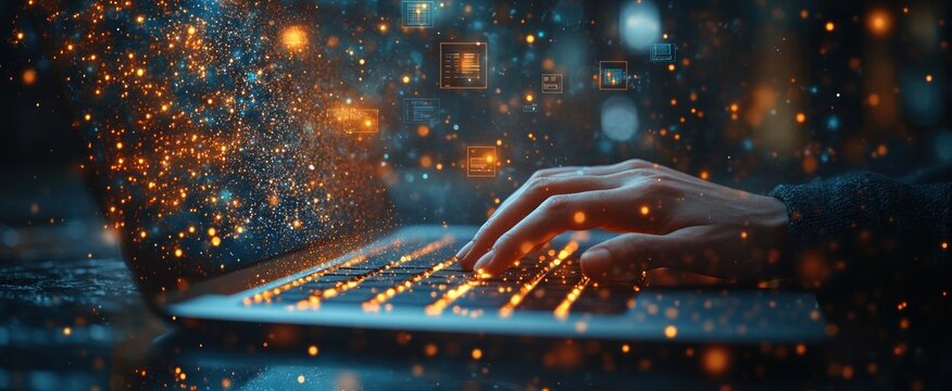 close up hand typing on laptop using search engine optimization tools for marketing advertising content and business growth online