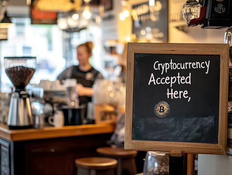 Cryptocurrency accepted here chalkboard sign in a rustic coffee shop, featuring a bitcoin logo and a warm, inviting atmosphere.