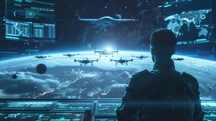 A futuristic command center with a high tech digital interface monitoring and controlling a fleet of advanced spacecraft drones and other futuristic technology for strategic planning and scientific