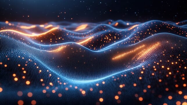 Futuristic Digital Landscape with Binary Code Flow and DNA Molecule Concept