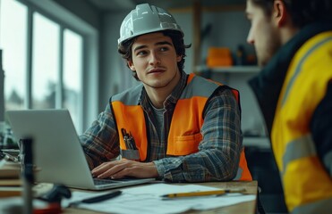 A man wearing a hard hat and orange vest is talking to another man