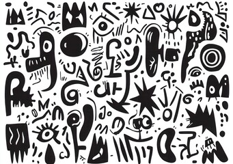 A black and white drawing of many faces and letters