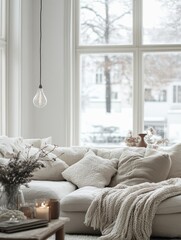 Fototapeta premium Cozy Winter Living Room Scene with Linen Sofa