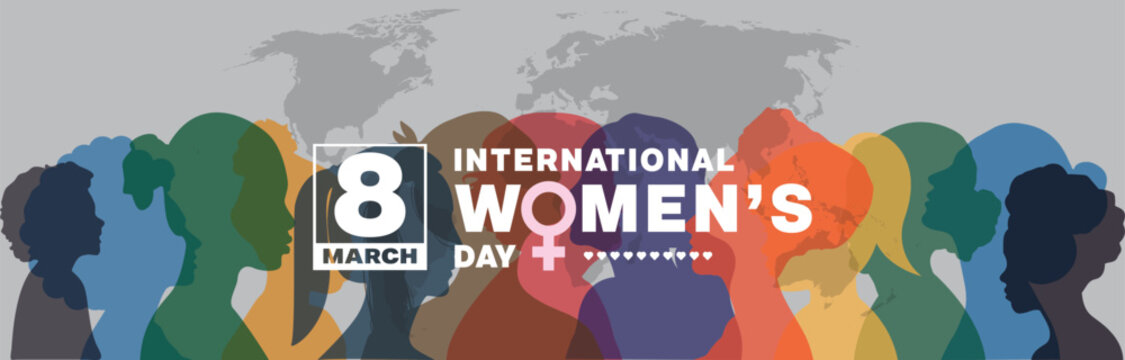 International Women's Day banner design. It features colorful silhouette of women. Vector illustration