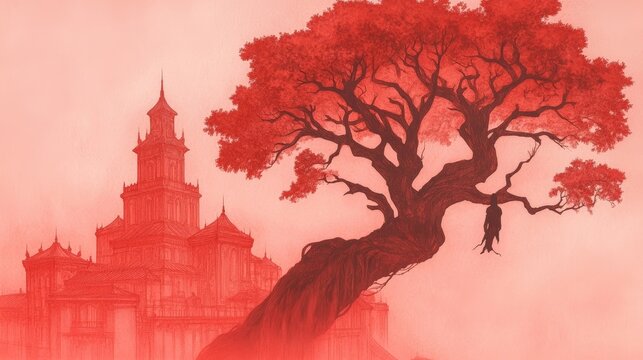 A haunting illustration of a lone figure hanging from a large tree against the backdrop of a grand building. The monochromatic red palette creates a somber and mysterious atmosphere.