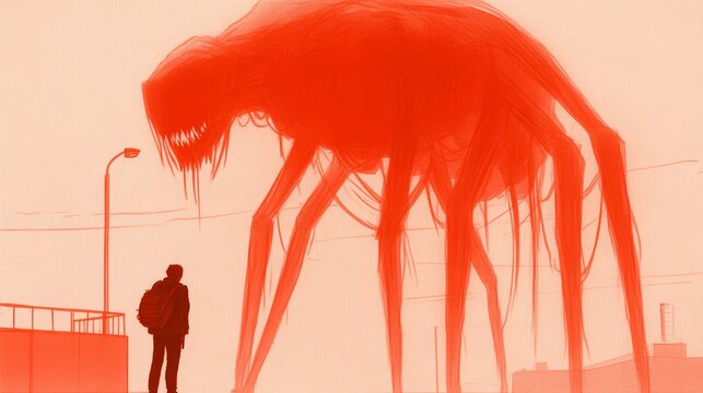 A young man stands silhouetted against a towering, ominous red creature in a surreal urban setting. An eerie, suspenseful mood fills the scene.