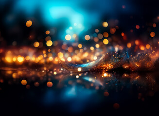 Obraz premium Abstract image of glowing particles and bokeh lights in blue, orange, and gold tones. The lights appear to be scattered on a dark reflective surface, creating a dreamy, ethereal effect.