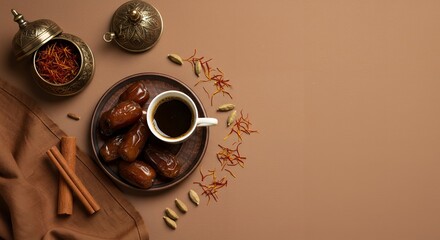 Dates, Coffee, and Spices on a Brown Background