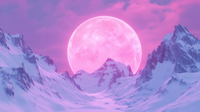 Pink Moon Over Snowy Mountain Range