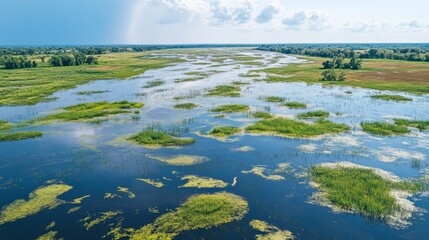 Wetlands captured from above with reflective water surfaces and dense patches of greenery