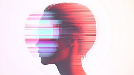 Abstract portrait of a woman, her face partially obscured by streaks of vibrant color. A blend of technology and femininity.