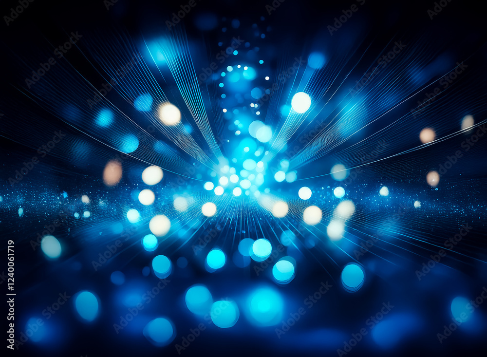 Wall mural abstract image of glowing blue particles and light streaks radiating outward, creating a dynamic and