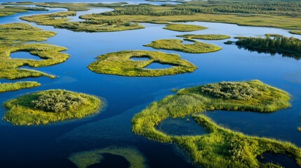 Wetlands captured from above with reflective water surfaces and dense patches of greenery