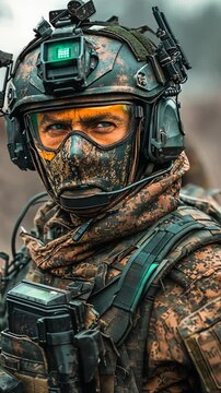 Soldier in tactical gear stands ready for action in a rugged terrain during a military operation