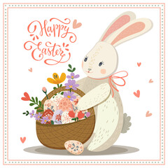 Easter card Bunny with basket of eggs and Happy Easter in spring pastel colors