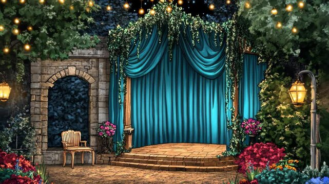 Outdoor stage decorated with blue curtains and flowers in a serene garden setting during the evening
