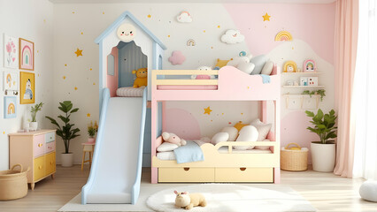 Cozy Dreamy Bedroom with a Slide and Bunk Bed