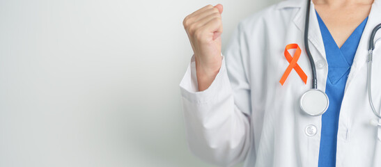 Doctor with Orange Ribbon for Leukemia, Kidney cancer day, world Multiple Sclerosis, CRPS, Self...
