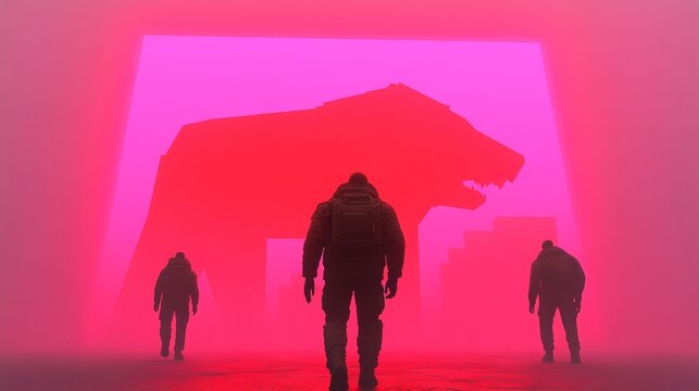 Three figures walk towards a giant, ominous silhouette of a wolf in a hazy, vibrant pink landscape.  A mysterious and surreal scene.