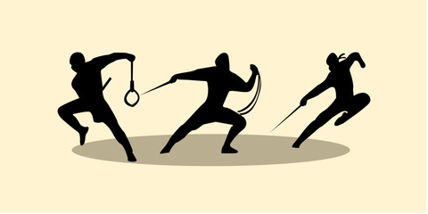 Graphic set silhouette of ninja illustration. Icon of assasin shadow character. Vector design.