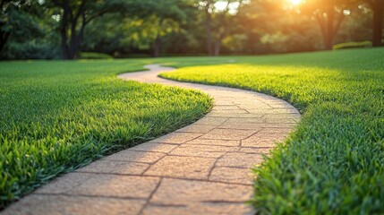 Fototapeta premium Winding path, sunset park, green grass, tranquility, brochure
