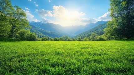 Fototapeta premium Sunny meadow with mountain backdrop.