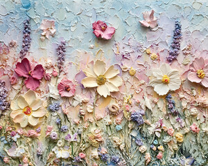 Beautiful Impressionist Oil Painting of Colorful Floral Field with Textured Blossoms and Pastel Hues