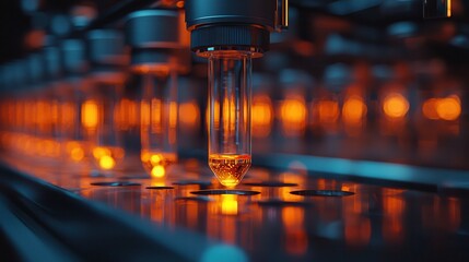 Personalized medicine drives drug development through biotechnology. Close-up of lab equipment dispensing liquid with glowing orange light.