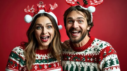 Joyful couple in festive sweaters celebrating Christmas - Powered by Adobe