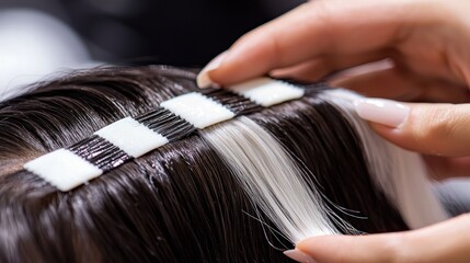 Hair Extensions Application: Close-up view of a stylist applying tape-in hair extensions to a client's hair. The image showcases the precision and detail involved in the process.