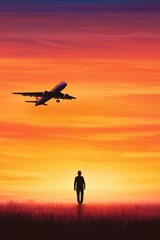 Silhouette of a Traveler Beneath a Flying Airplane