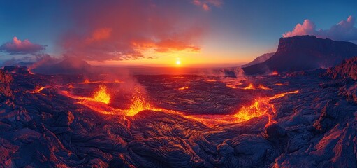 Volcanic Lava Flow at Sunset Against Dark Basalt Landscape